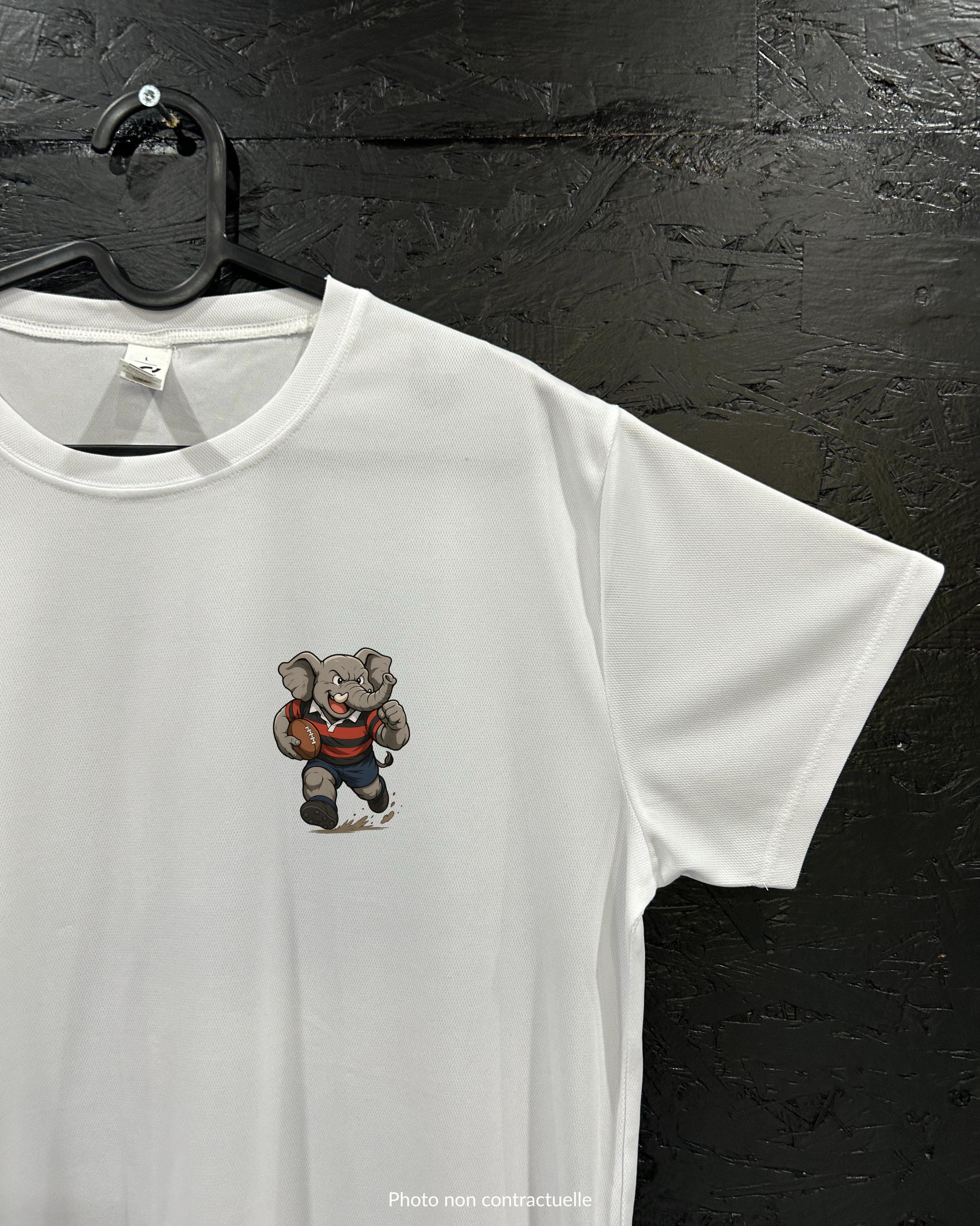 T-shirt de sport blanc 100% polyester - éléphant rugbyman - Homme & Femme