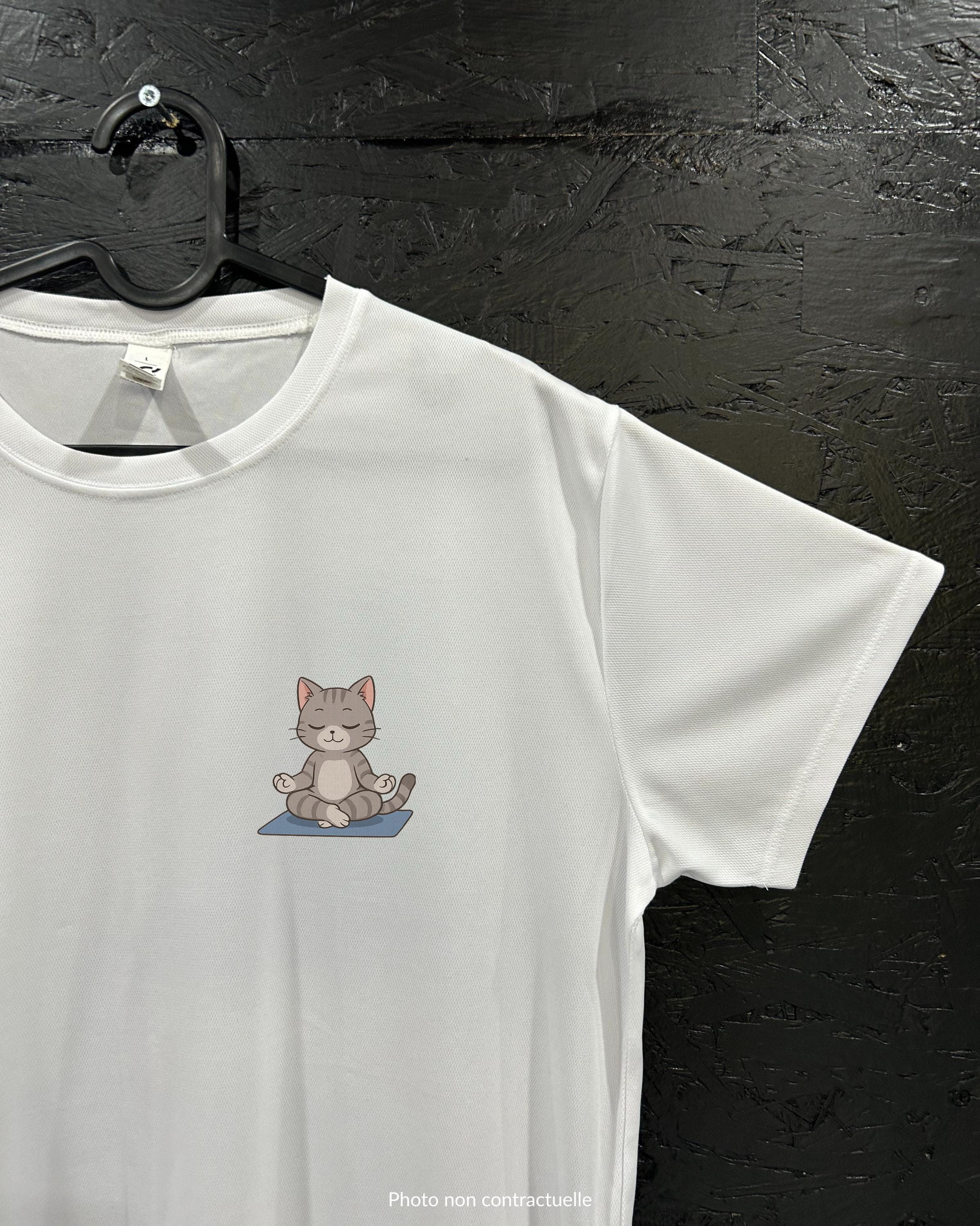 T-shirt de sport blanc 100% polyester - chat yoga - Homme & Femme