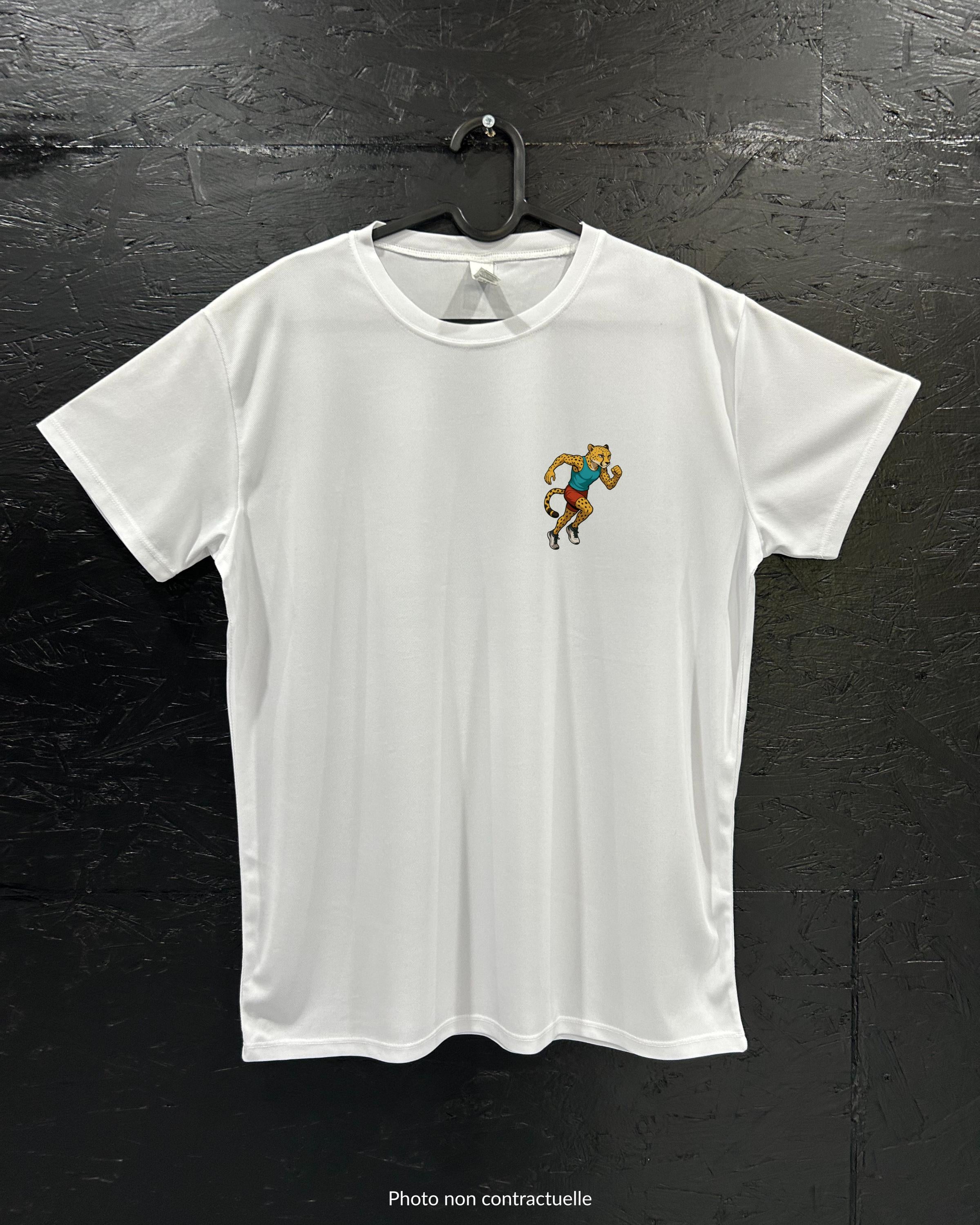 T-shirt de sport blanc 100% polyester - guépard course - Homme & Femme