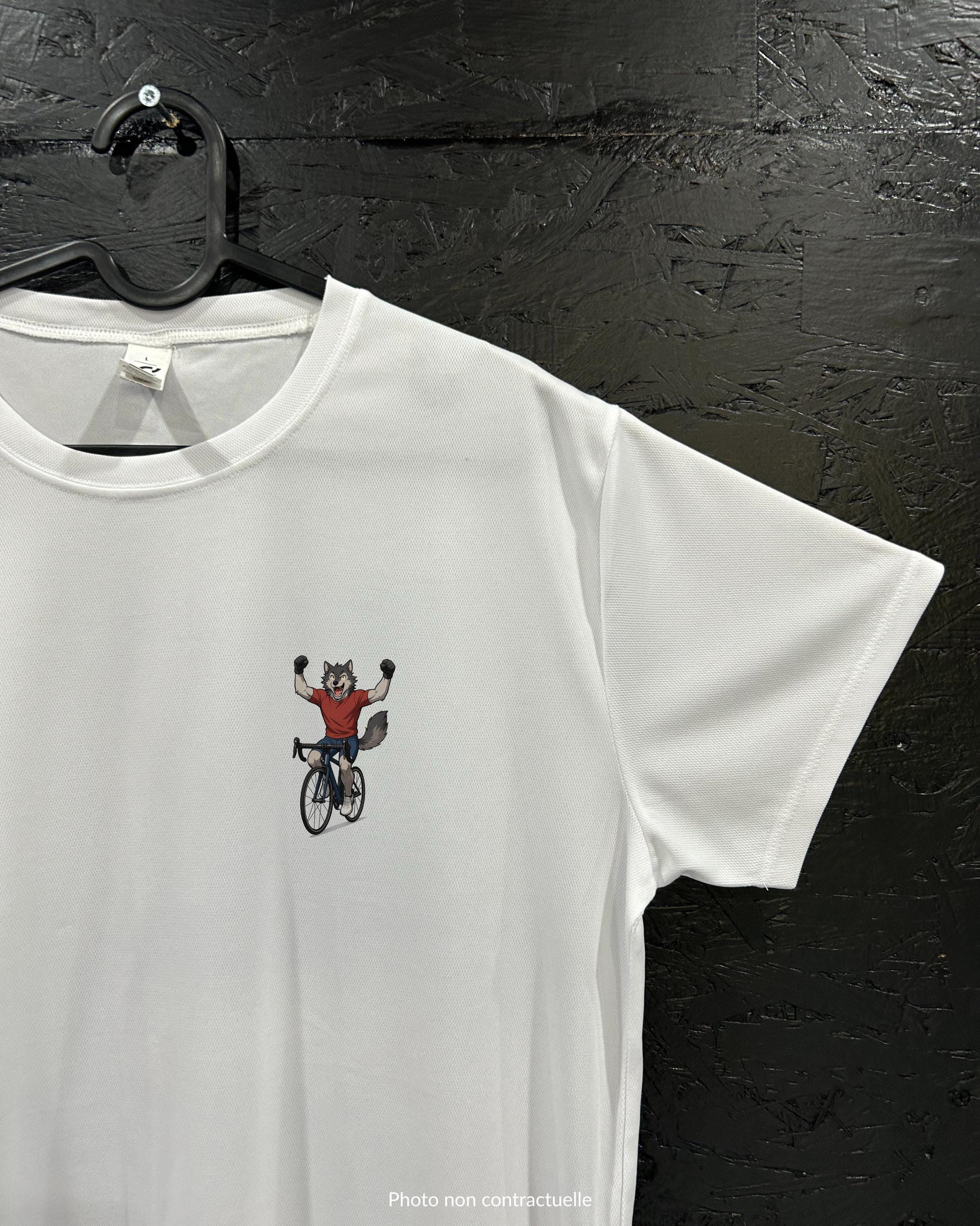 T-shirt de sport blanc 100% polyester - loup cycliste triomphant - Homme & Femme