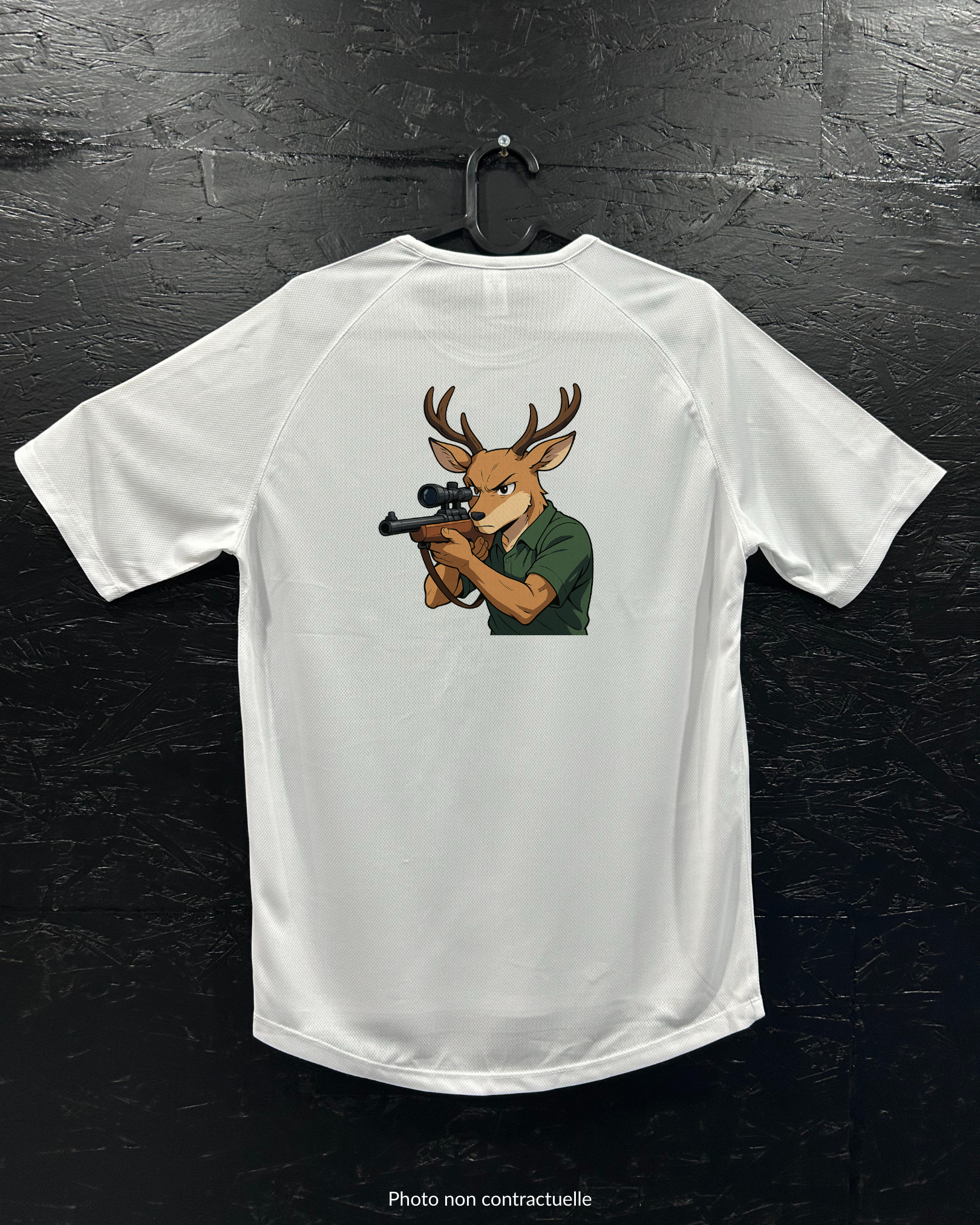 T-shirt de sport blanc 100% polyester - Cerf avec carabine - Homme & Femme
