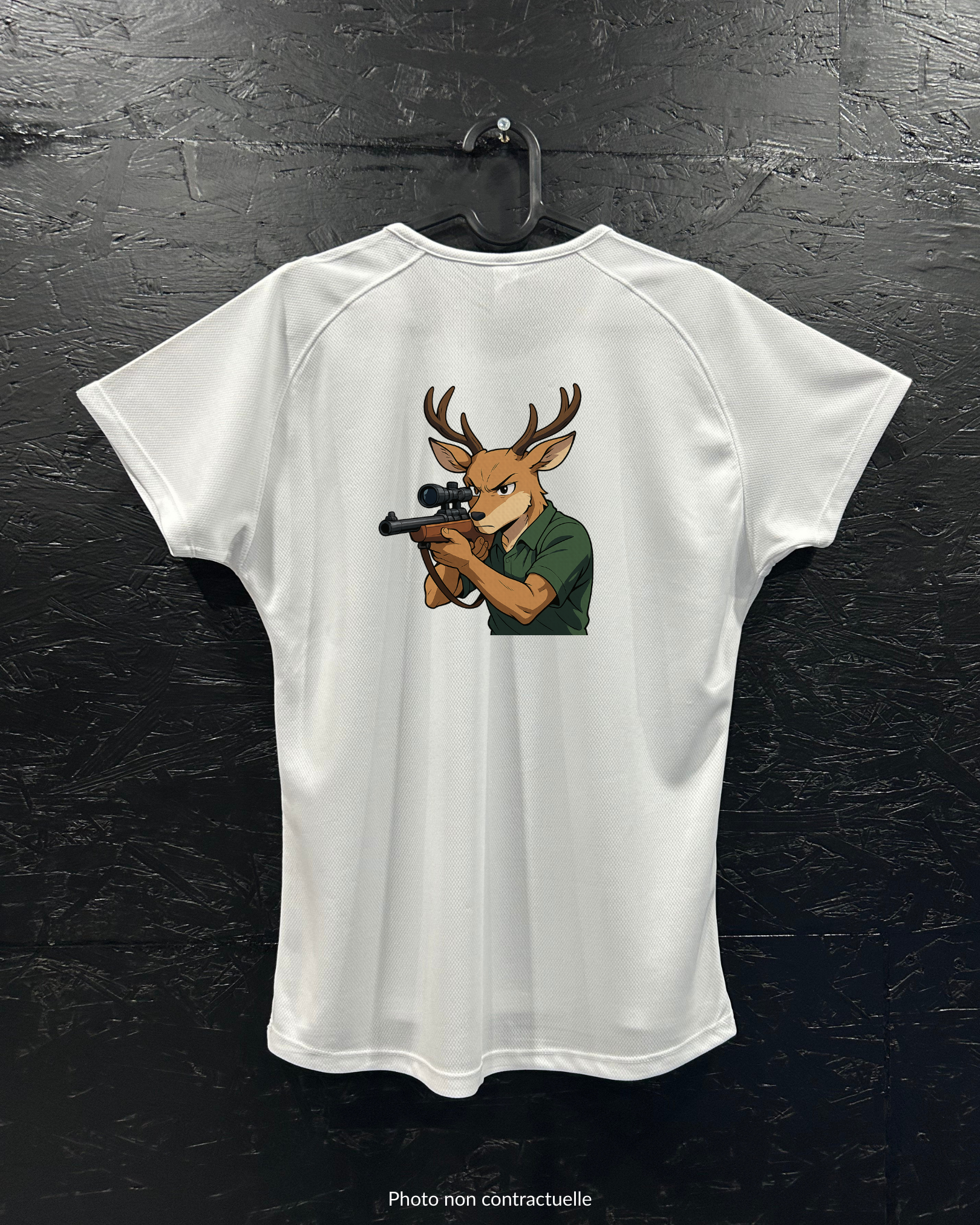 T-shirt de sport blanc 100% polyester - Cerf avec carabine - Homme & Femme