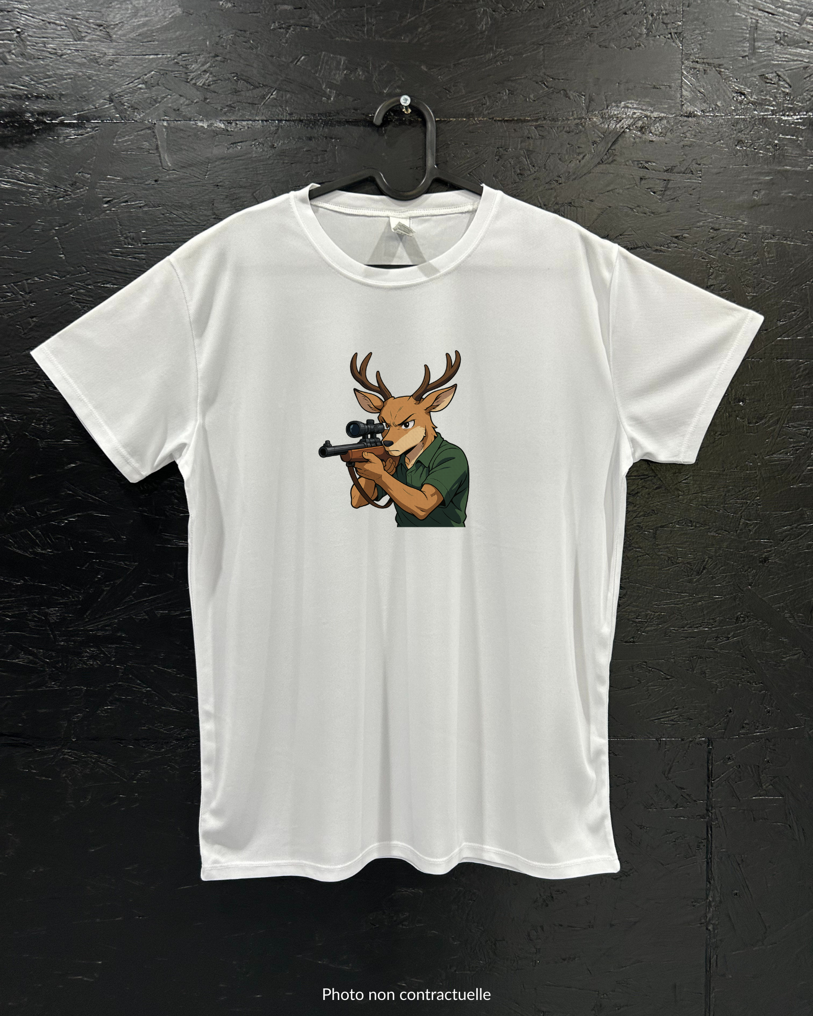 T-shirt de sport blanc 100% polyester - Cerf avec carabine - Homme & Femme