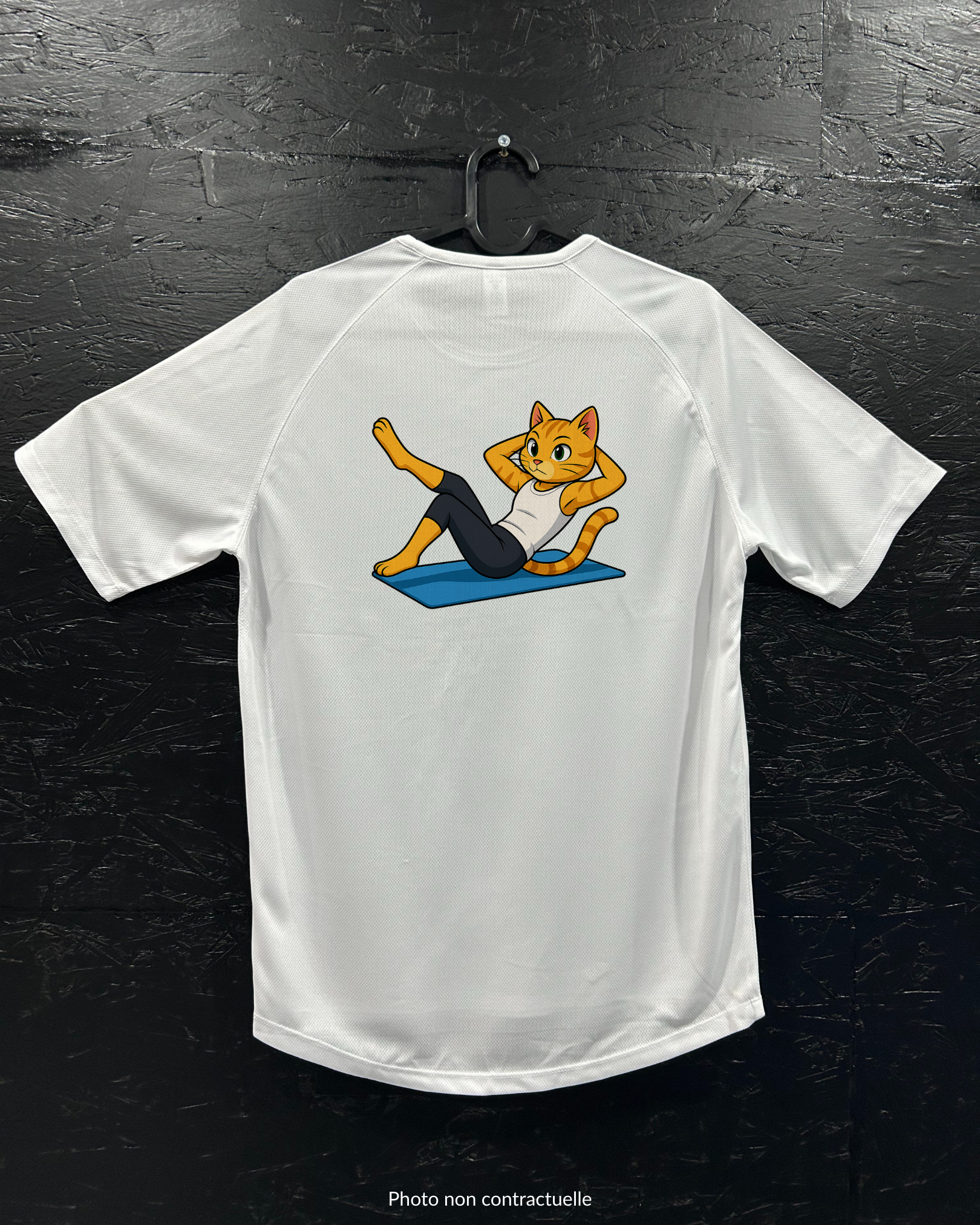 T-shirt de sport blanc 100% polyester - chat pilate - Homme & Femme