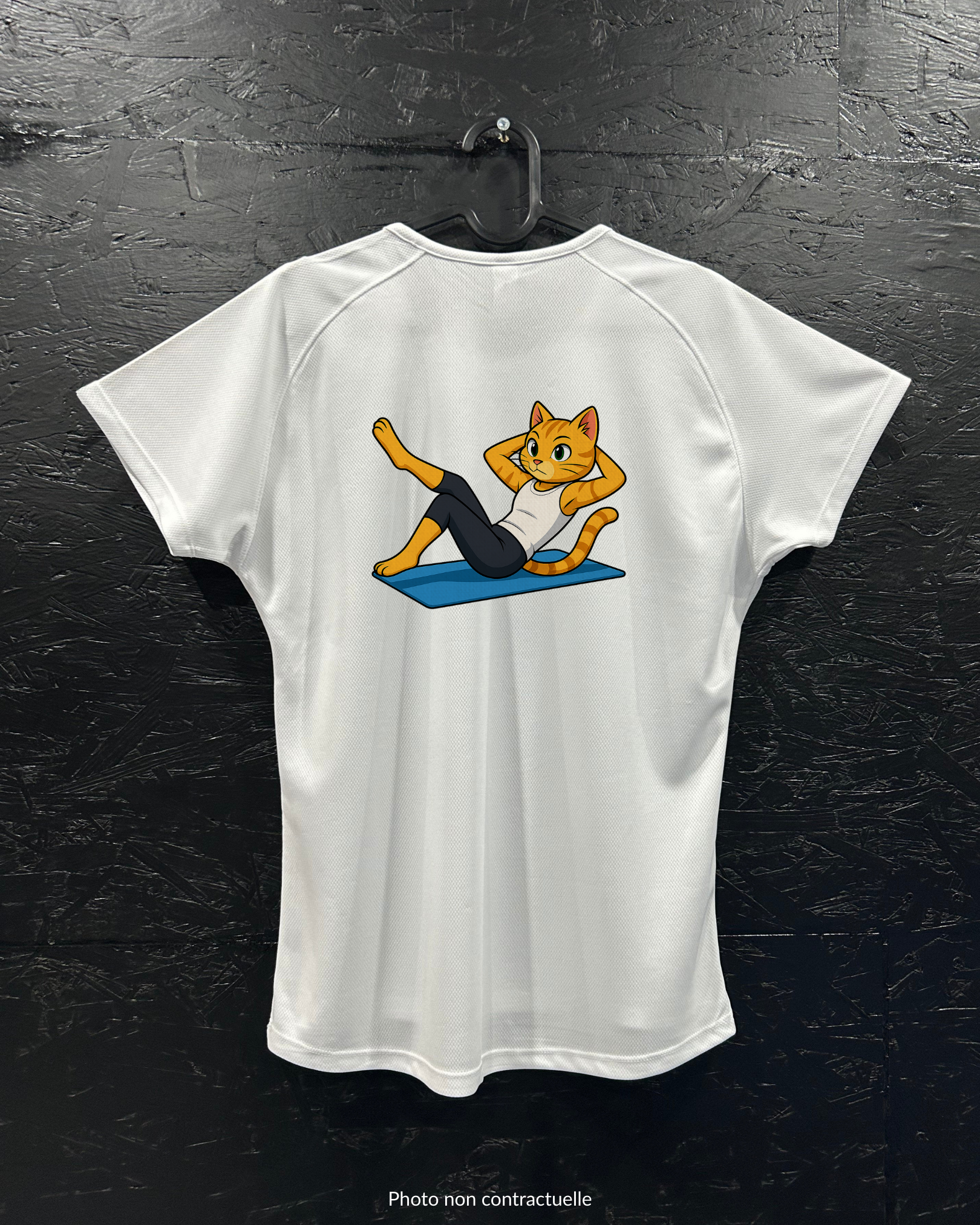 T-shirt de sport blanc 100% polyester - chat pilate - Homme & Femme
