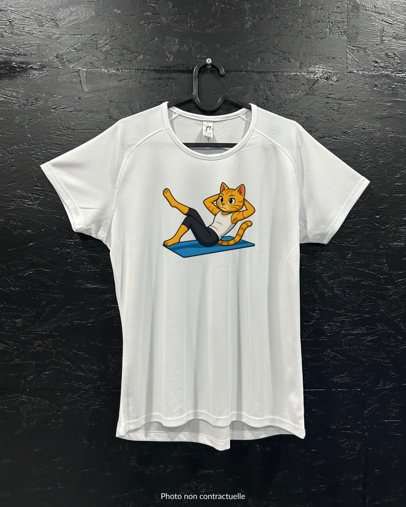 T-shirt de sport blanc 100% polyester - chat pilate - Homme & Femme