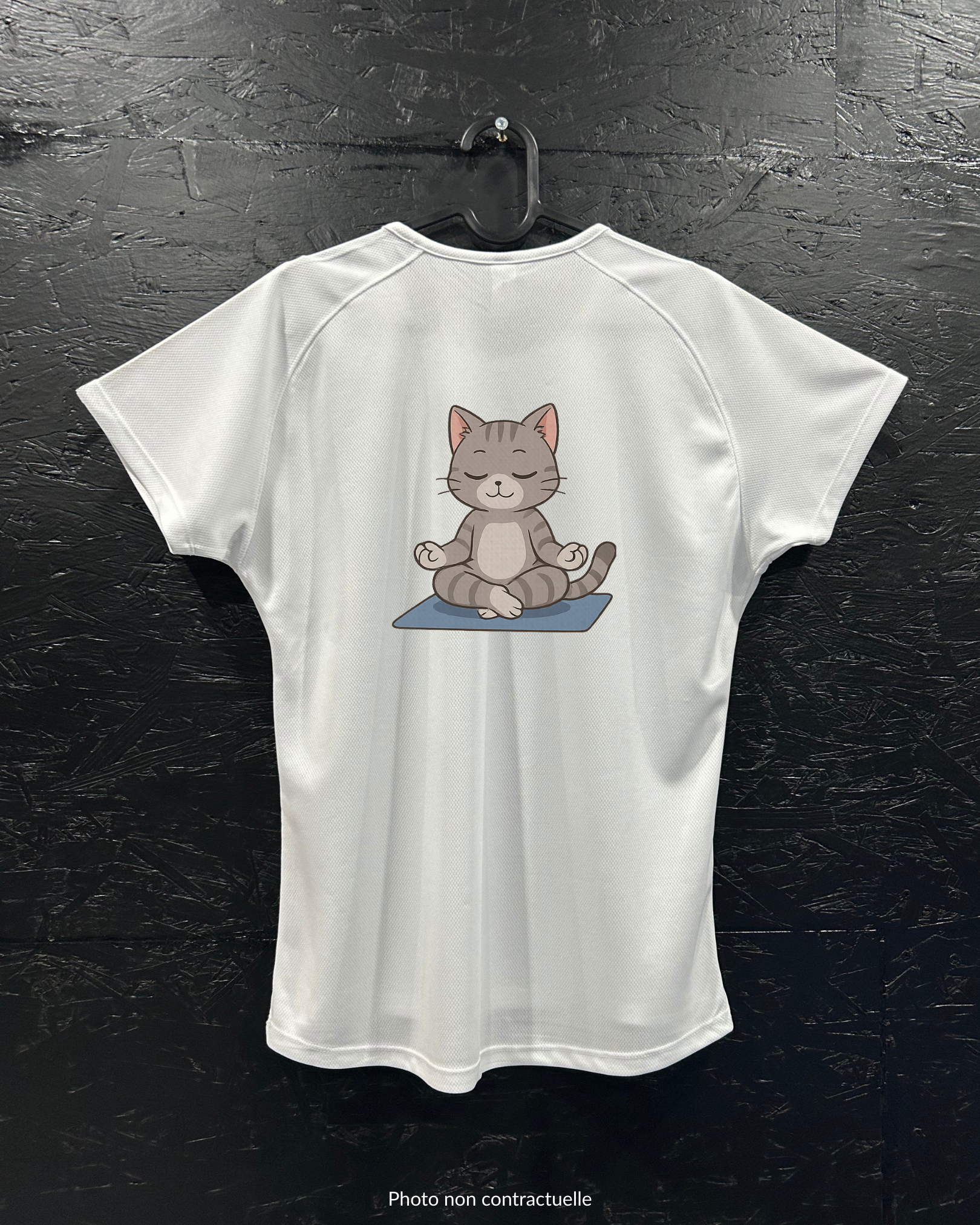 T-shirt de sport blanc 100% polyester - chat yoga - Homme & Femme