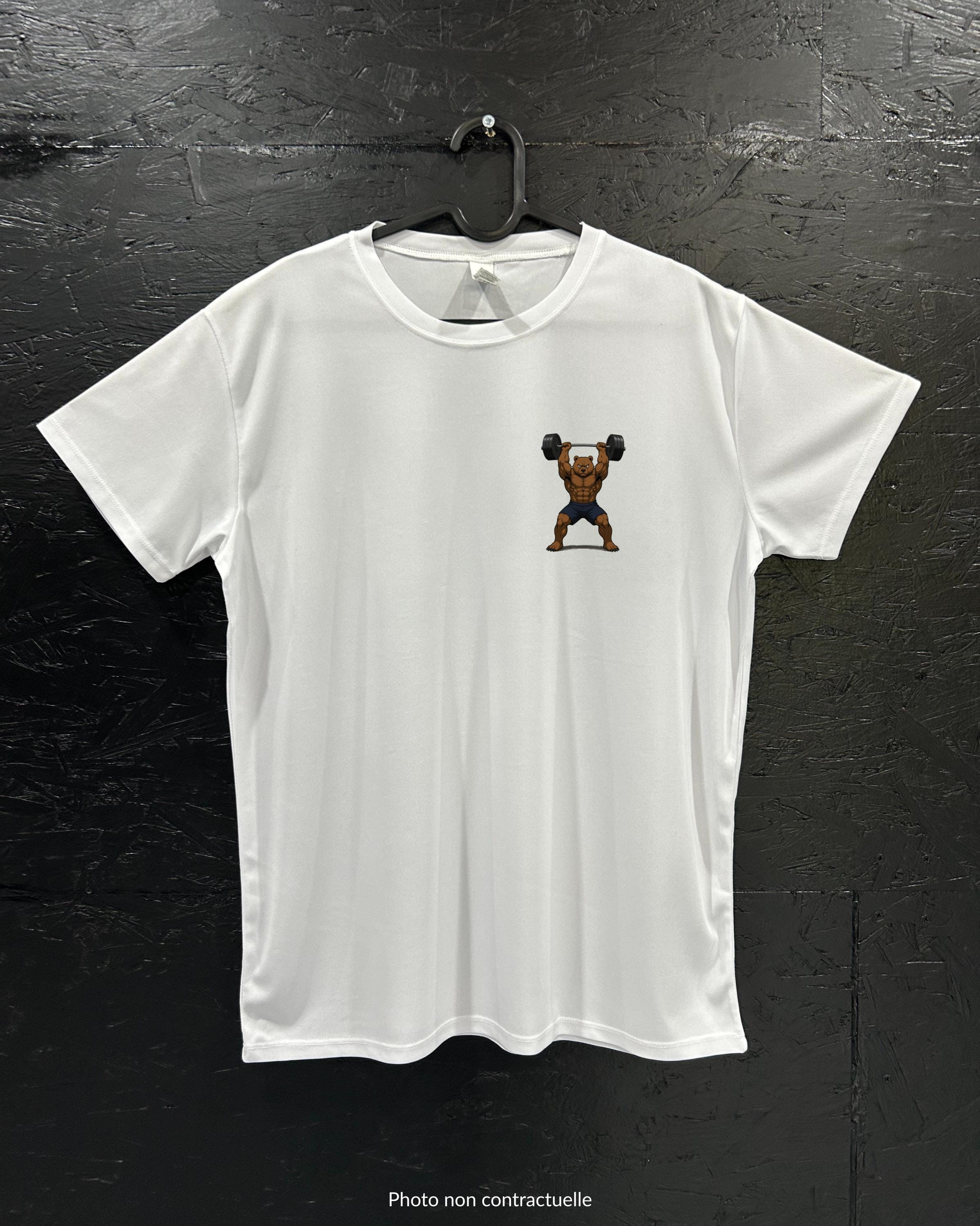 T-shirt de sport blanc 100% polyester - ours musclé haltérophilie - Homme & Femme