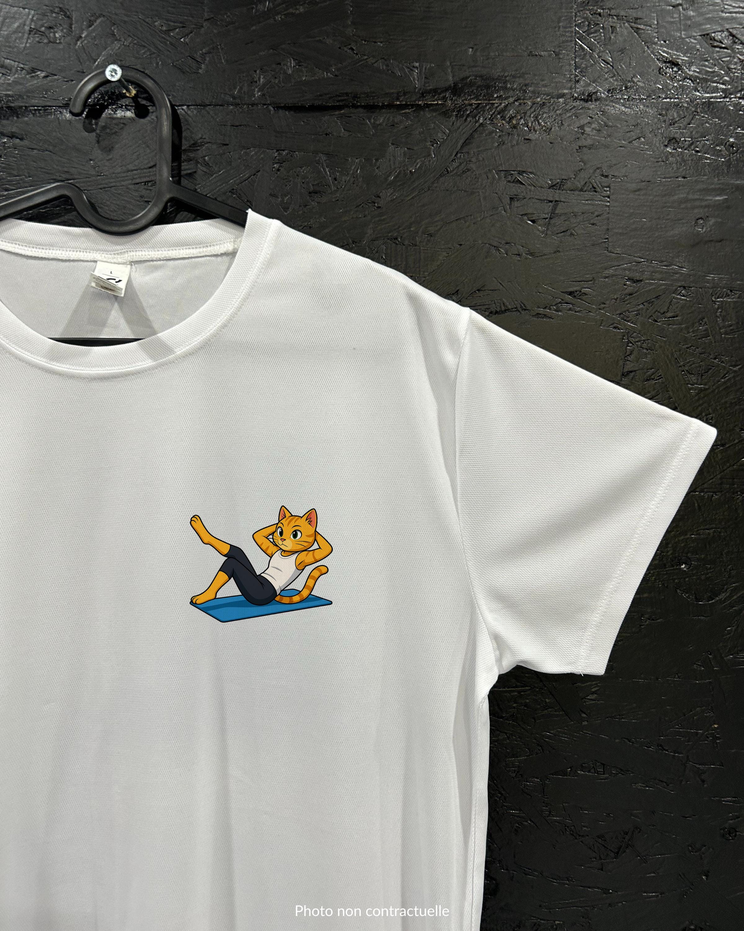 T-shirt de sport blanc 100% polyester - chat pilate - Homme & Femme