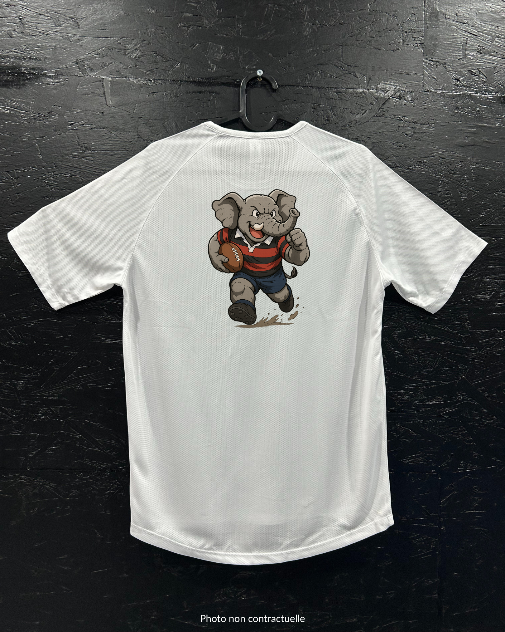 T-shirt de sport blanc 100% polyester - éléphant rugbyman - Homme & Femme