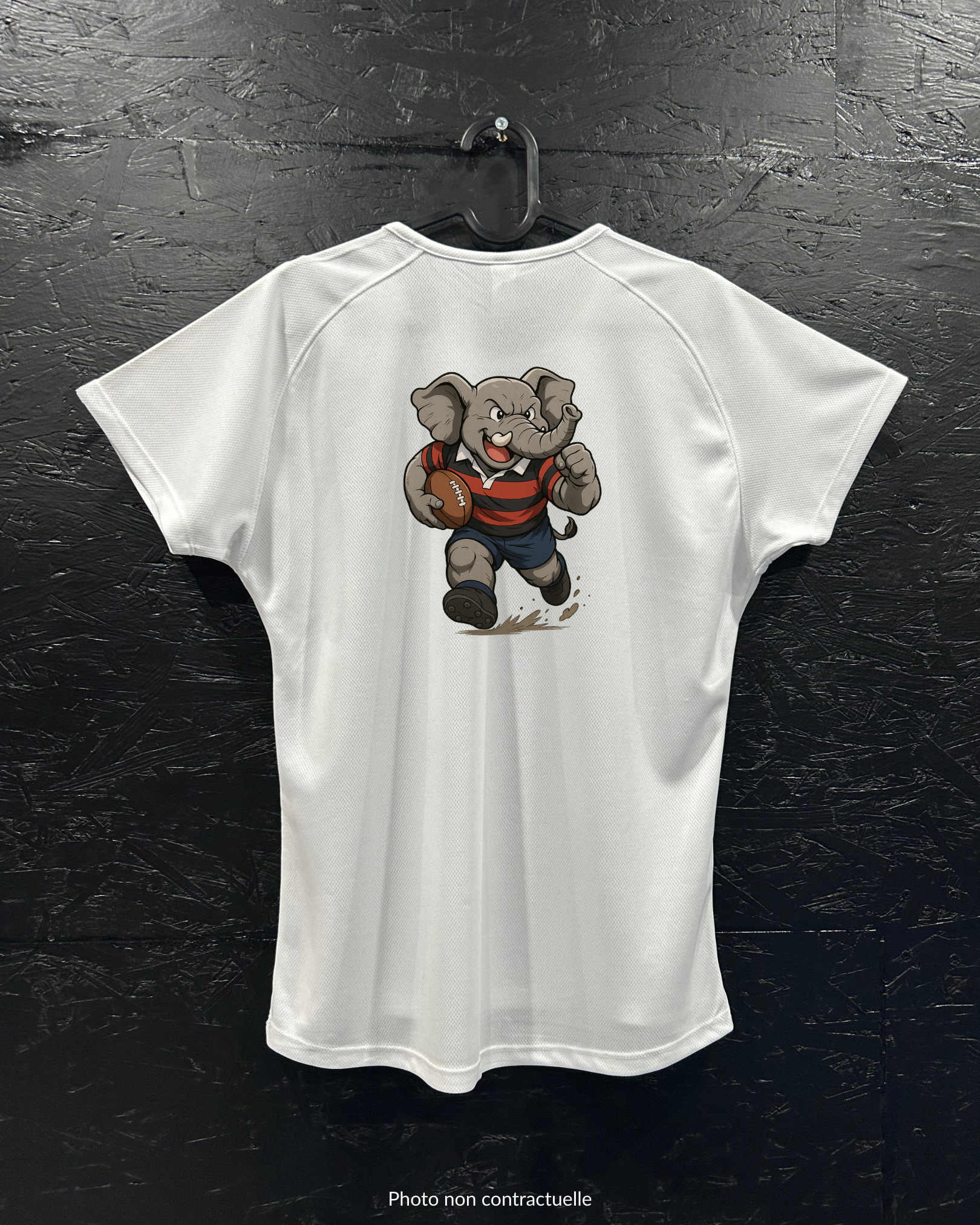 T-shirt de sport blanc 100% polyester - éléphant rugbyman - Homme & Femme