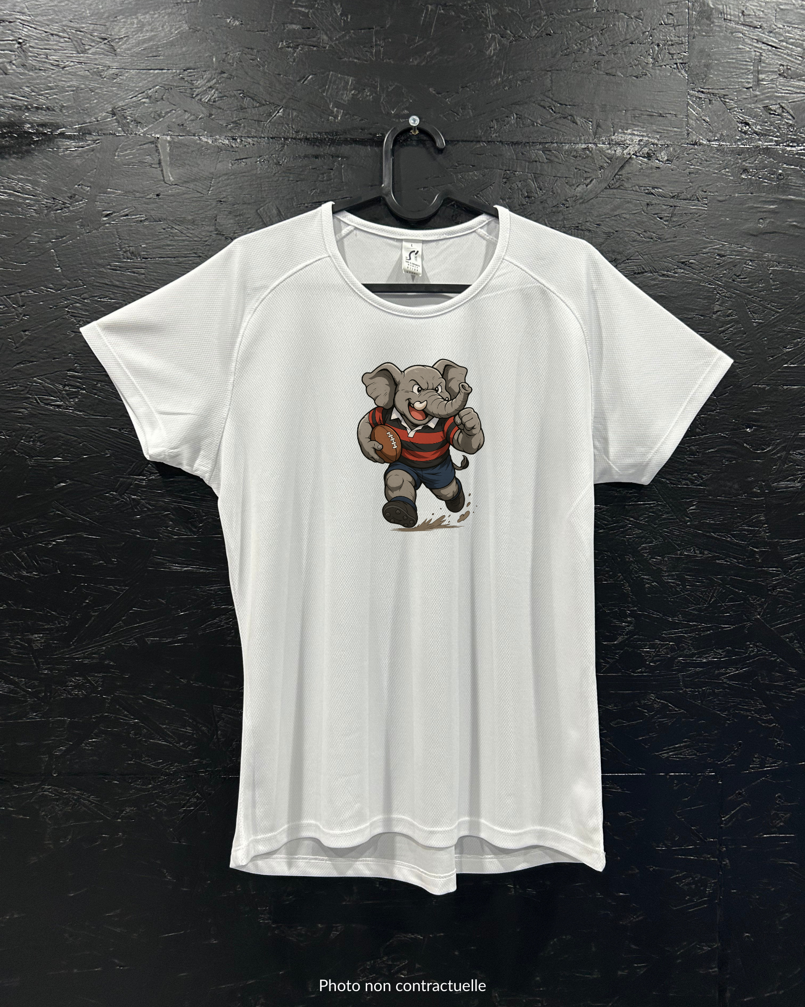 T-shirt de sport blanc 100% polyester - éléphant rugbyman - Homme & Femme