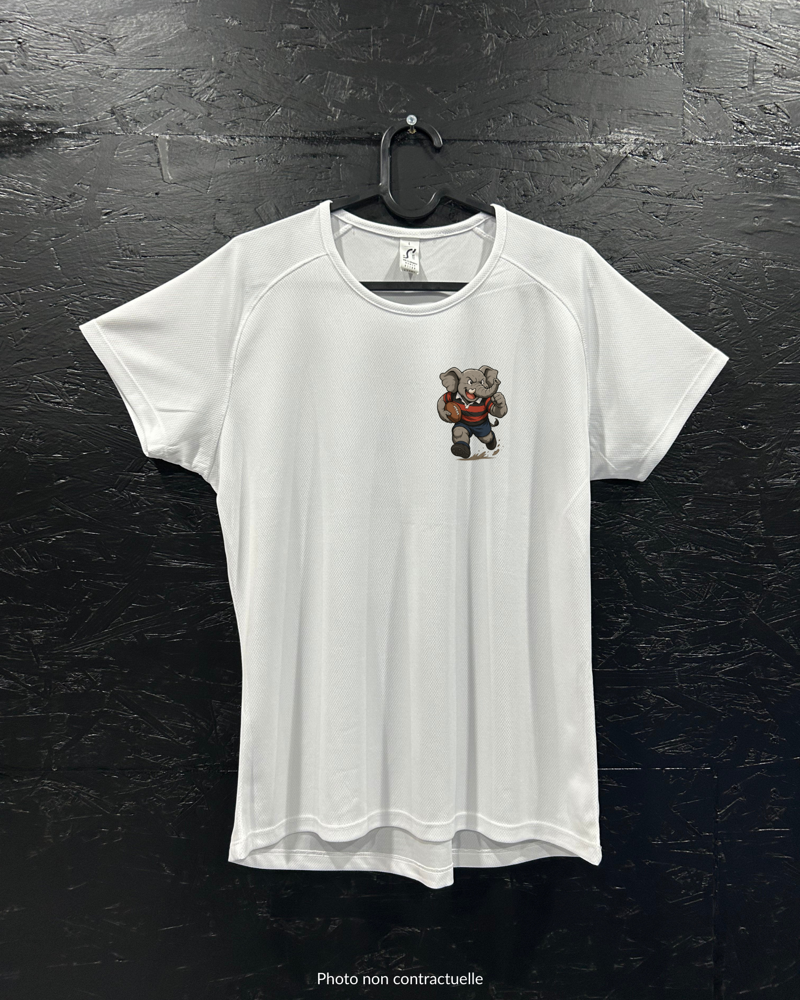 T-shirt de sport blanc 100% polyester - éléphant rugbyman - Homme & Femme