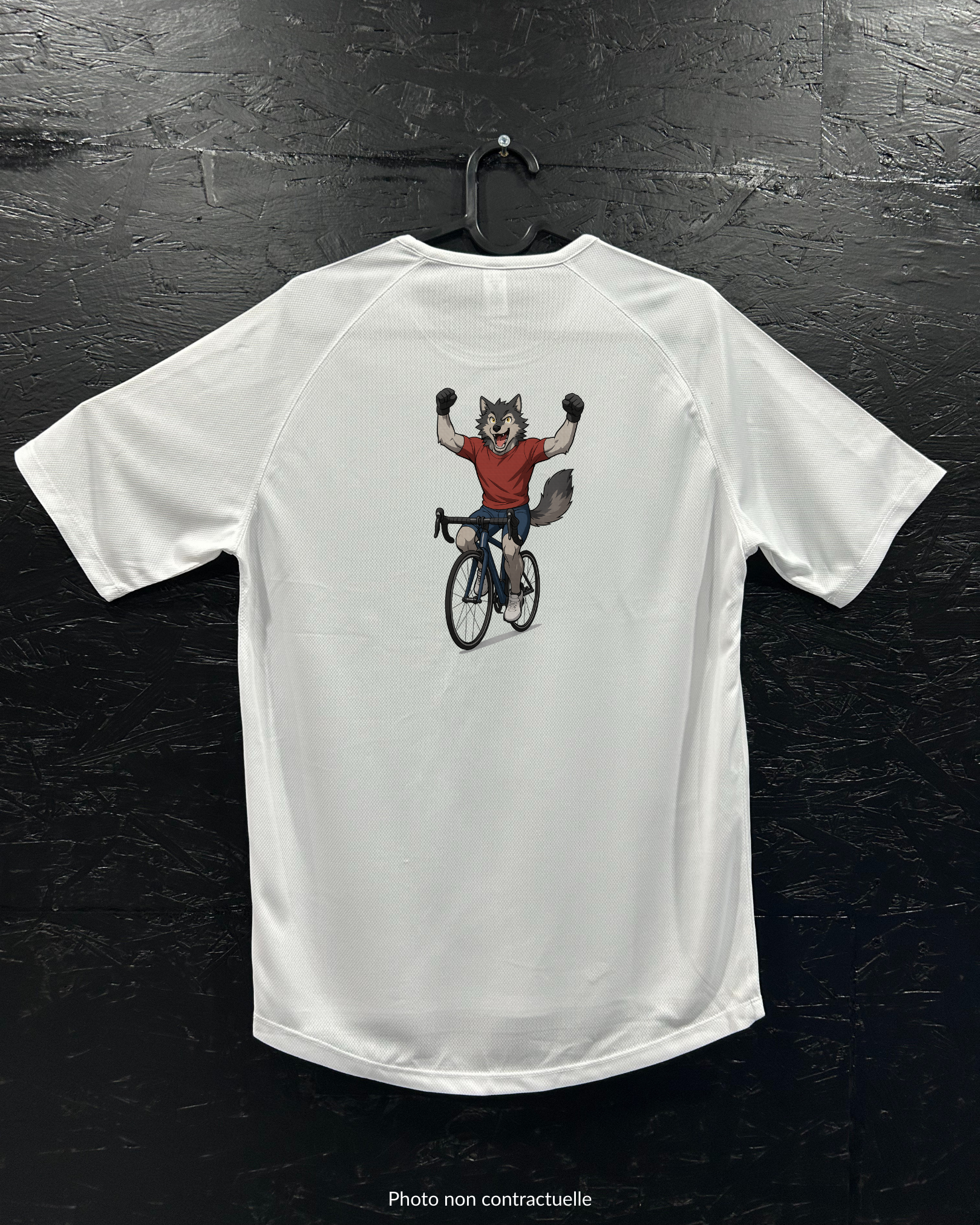 T-shirt de sport blanc 100% polyester - loup cycliste triomphant - Homme & Femme