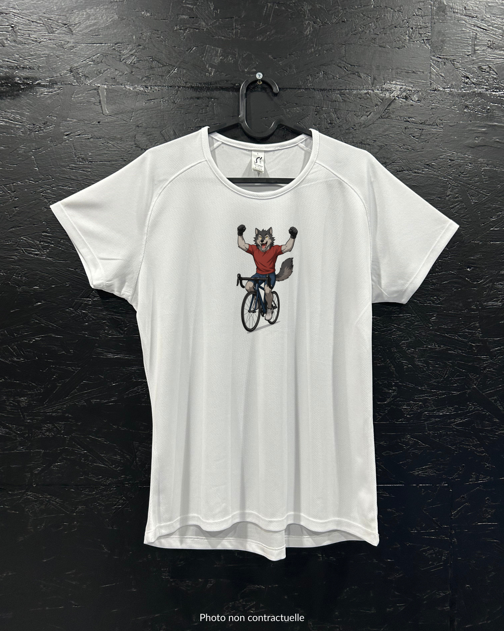 T-shirt de sport blanc 100% polyester - loup cycliste triomphant - Homme & Femme