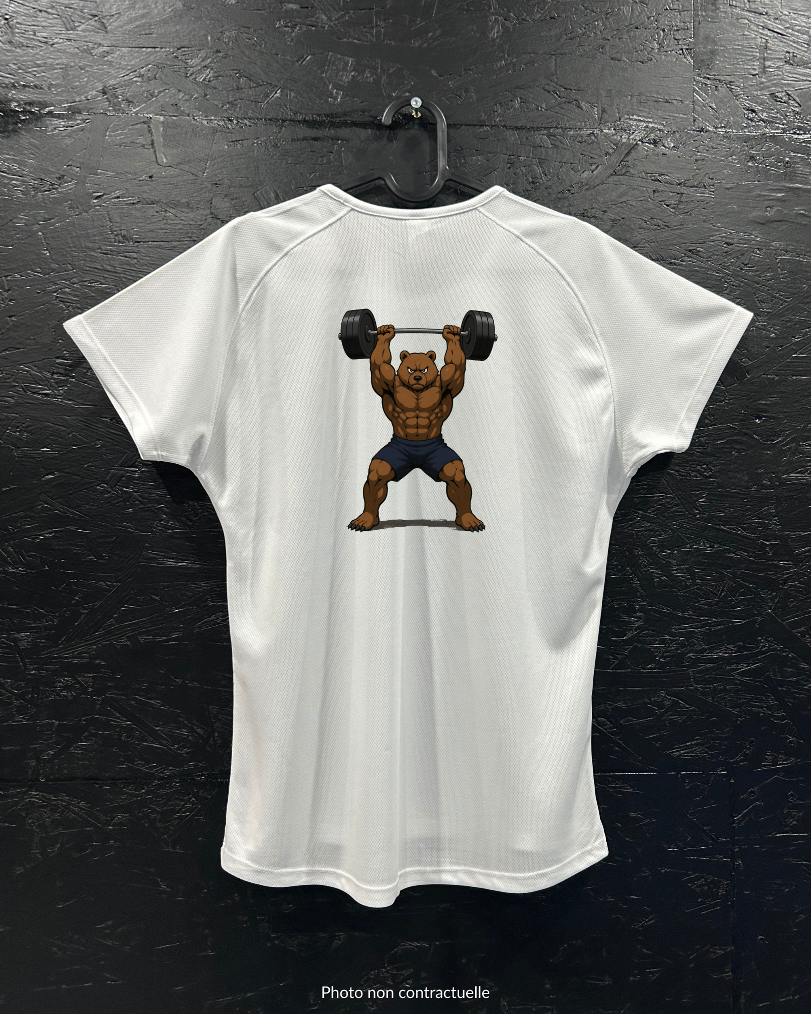 T-shirt de sport blanc 100% polyester - ours musclé haltérophilie - Homme & Femme