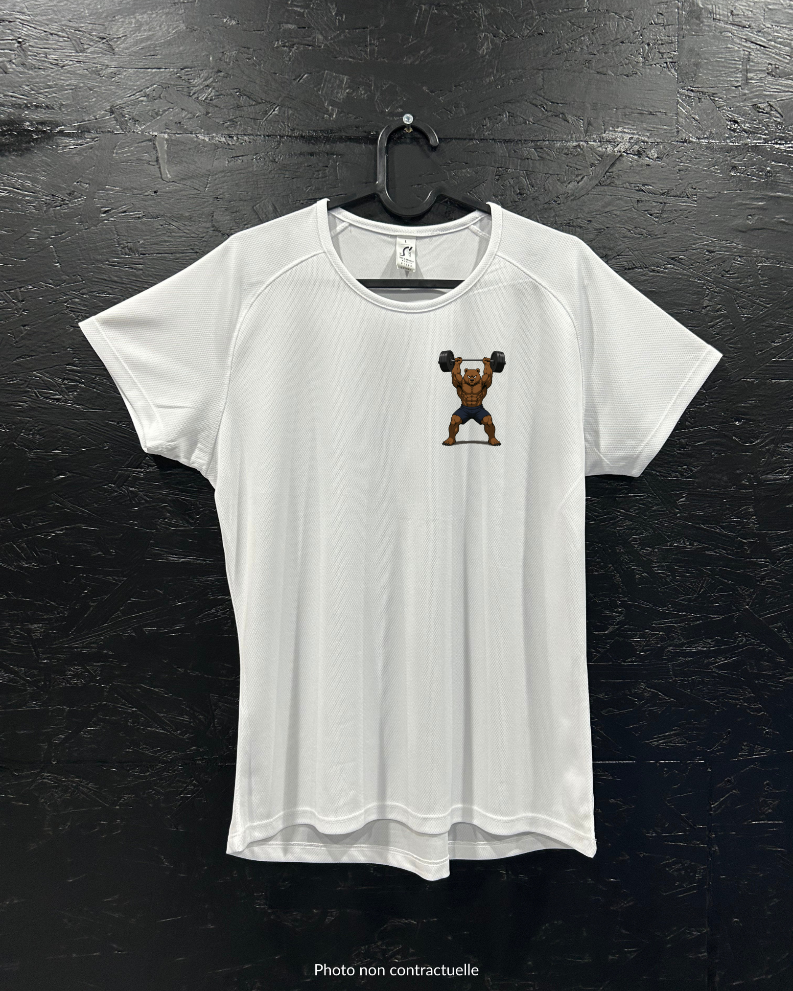 T-shirt de sport blanc 100% polyester - ours musclé haltérophilie - Homme & Femme